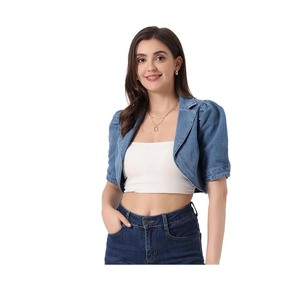 Veste en jean court pour femme avec col à revers à manches courtes Design universitaire respirant Décoration de perles remplies de coton teint uni - Product Image 1