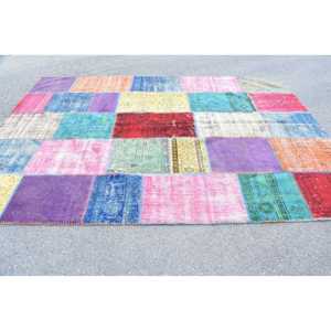 Grand tapis turc vintage 6,7x9,4 pi (203x287 cm), tapis patchwork à carreaux rouges - Product Image 4