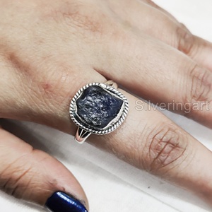 Anillo de Plata de Ley 925 con Zafiro Azul Natural en Bruto para Mujer, Joyería de Piedra Natural, Anillo Bohemio con Gema de Nacimiento de Septiembre - Product Image 4