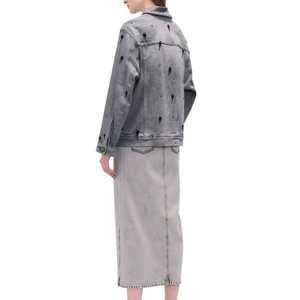 Conjuntos de faldas transpirables con botones de chaqueta vaquera gris con diamantes de imitación vintage personalizados para todas las estaciones, para invierno, Otoño, verano y primavera - Product Image 6