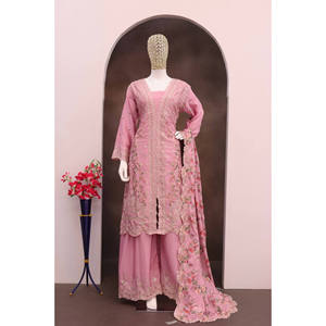 Nuevo diseñador Top de fiesta de seda Palazzo & Dupatta Set Fox Georgette Trabajo con menos longitud de trabajo 40 Mangas de cuello redondo TELA DE PALLAZO - Product Image 1