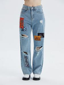 Nouveau pantalon en denim 100% coton pour homme et femme, vintage, lourd, ample, à jambe droite, haut de gamme, imprimé, avec des coutures décoratives - Product Image 2