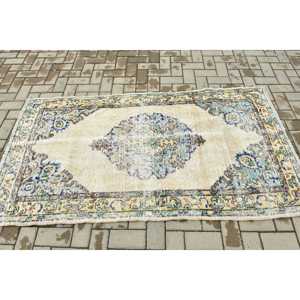 Alfombra Vintage, Alfombra Decorativa de 3.4x6.4 pies, Alfombra de Lana Azul y Amarilla - Product Image 3