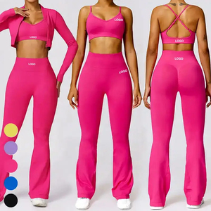 Spandex/Nylon Women's Deep V Neck 3-Piece <b>Yoga</b> Set Seamless Ribbed Bra Ankle Length Leggings Full Sleeve <b>Jacket</b> Four Way Stretch - Product Image 3