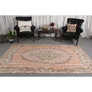 พรมทอขนแกะสีเบจสีชมพูวินเทจแบบตุรกีสำหรับตกแต่งห้องนั่งเล่นพร้อมแผ่นรองยาง - Product Image 2