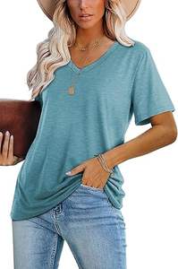 T-shirt décontracté à manches courtes et col en V pour femmes, couleur unie, broderie imprimée, logo en toile polyester - Product Image 2