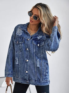 Veste en jean surdimensionnée pour femmes, streetwear, coupe ample, veste en jean déchirée, vêtements tendance, vente en gros, logo personnalisé, respirant - Product Image 6