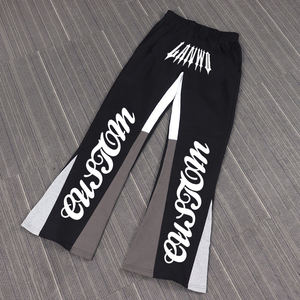 2024 Men's Vintage Streetwear Stretch Distress Trousers Custom Printed Breathable 100% Cotton Flare Pants Flat <b>Drawstring</b> Casual - Product Image 5
