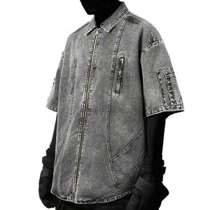 Chaqueta vaquera negra rasgada lavado vintage con logotipo personalizado para hombre, chaqueta vaquera extragrande con cremallera para invierno - Product Image 1