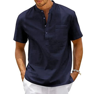 Cotton Linen Shirt <b>Men</b> <b>Henley</b> Neck Pocket Casual Beach Short Sleeve Solid Color Male <b>Tops</b> T-shirts Vintage Streetwear - Product Image 6