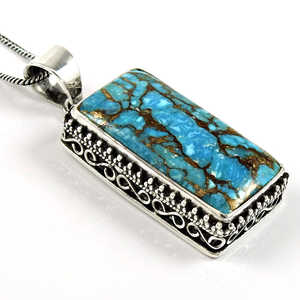Pendentif pour femme en turquoise cuivre bleu naturel, pierre précieuse, mariage, fait main, bijoux bohèmes en argent sterling 925 massif - Product Image 1