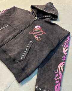 SIBRIN Factory Made Acid Wash Rhinestone <b>Screen</b> <b>Print</b> Hoodie Custom Logo Winter French Terry Streetwear Zipper Hoodie Sweatshirt - Product Image 5