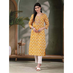 Kurta Recta para Mujer con Estampado Floral y Bordado, Cuello Asimétrico con Muescas, Algodón Puro Transpirable, Ajuste Holgado, Talla XL - Product Image 1