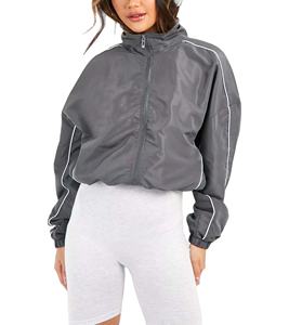 Haute qualité femme recadrée Nylon coupe-vent veste surdimensionnée fermeture éclair haut court imperméable cordon veste légère - Product Image 1
