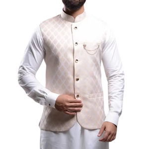 เสื้อกั๊กสีขาวและกระดุมเน้นสีดำสำหรับผู้ชายได้รับการออกแบบในเชอร์วานิ - Product Image 4