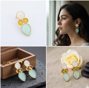 Boucles d'oreilles fantaisie en citrine blanche naturelle arc-en-ciel et chalcédoine aqua, plaquées or 18 carats, bijoux faits à la main pour femmes et filles - Product Image 5