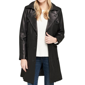 Chaqueta de piel de oveja negra de diseño Popular de otoño 2025, chaqueta cortavientos transpirable de cuero genuino, gabardina larga para mujer - Product Image 4