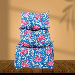 Elegant Blue Floral Eco-Friendly Water Resistant Cotton Quilted Vintage Zipper Case for Makeup <b>Storage</b> (Medium Pack of 3) - Product Image 2