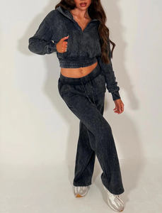 Conjunto Deportivo de Dos Piezas para Mujer, Estilo Lavado Ácido, Sudadera Corta con Cremallera y Pantalones Jogger de Cintura Alta, Venta al Por Mayor Personalizada de Alta Calidad - Product Image 5