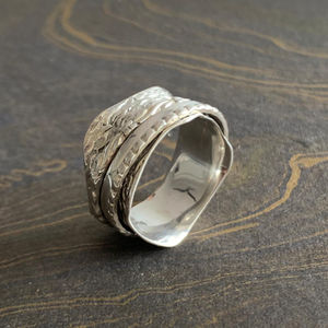 Vintage Silver <b>Spinner</b> <b>Ring</b> (7.6 Grams) Rhodium Plated Meditation <b>Ring</b> with Pearl Bezel Setting for Everyday Wear - Product Image 1