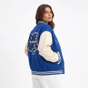 Custom Women's Premium <b>Blue</b> Wool Blend Snap Button Embroidered Streetwear Jacket OEM ODM Private Label Manufacturer - Product Image 2