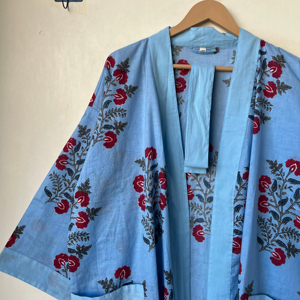 Pur coton bloc imprimé Floral col en v genou longueur écologique Robe de demoiselle d'honneur vêtements de nuit Kimono à la main couverture de plage Dressing - Product Image 1