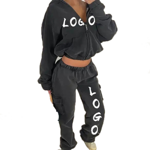 Oem Custom Tracksuits for Women Clothing Cotton Jersey Long Sleeves Full Zip up Jackets <b>Top</b> and Wide Leg Pants Gym Athletic Wear - Product Image 5