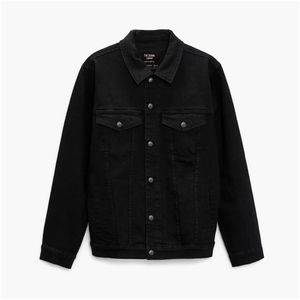 100% Cotton Premium <b>Black</b> <b>Denim</b> <b>Jacket</b> Streetwear Style Embroidered Technics Stand Collar Front Logo Solid Pattern for Winter - Product Image 1