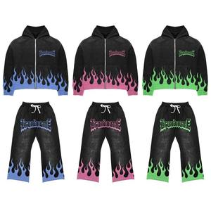 Sweat à capuche zippé surdimensionné pour homme, coupe ample, délavé à l'acide, tissu lourd avec imprimé flamme délavé, style hip-hop - Product Image 1