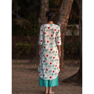 Elegant Knee-Length Cotton <b>Kurta</b> <b>for</b> <b>Women</b> Collarless Tropical Print Everyday Party & Festival Wear - Product Image 2
