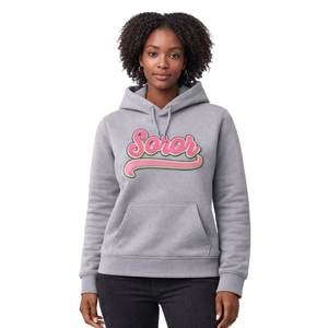 Sudadera con Capucha Gris Acero para Mujer, Sudadera Universitaria Griega, Sudadera Informal Elegante con Logotipo Frontal Rosa y Verde - Product Image 1