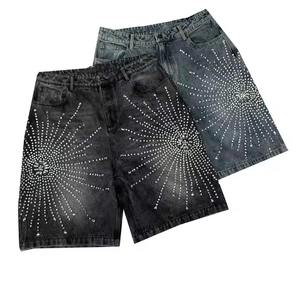 New Custom Streetwear Hip Hop Diamonds Jorts Baggy Manufacturer Distressed Vintage Acid Wash Rhinestone Men's Denim <b>Shorts</b> - Product Image 6