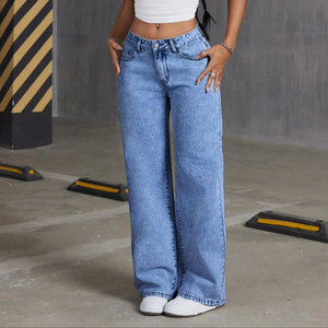 Pantalon en denim bleu élégant pour femmes de haute qualité jambe large décontracté quotidien vêtements de rue taille moyenne style droit bouton décoration - Product Image 1