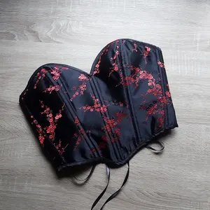 100% brocart noir de qualité supérieure avec design floral rouge pour les femmes avec Corset en dentelle au dos réglable Service de gros - Product Image 2