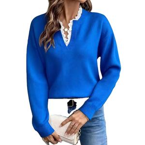 Pull tricoté décontracté pour femme à col en V, avec bordure en dentelle, respirant, séchage rapide, anti-plis – Vente en gros, modèle européen très prisé pour l'hiver/automne - Product Image 5