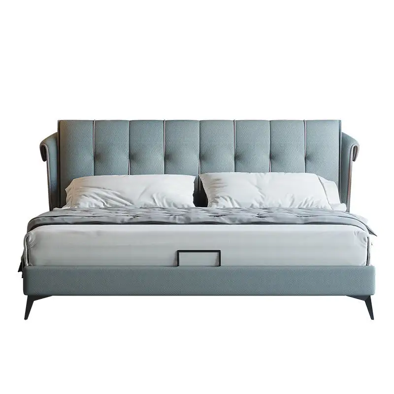 Derniers meubles de chambre à coucher de luxe Lit king size en cuir à cadre en bois avec pieds en métal CELB010
