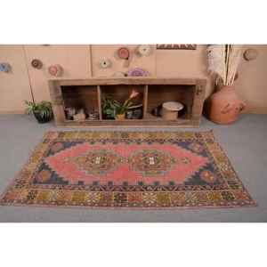 Vintage Turkish <b>Rug</b> 3.8 X 6.8ft Classic Pink Yellow Patchwork Wool Flat Weave <b>Boho</b> Jute Carpet for Living Room Latex Backed - Product Image 4