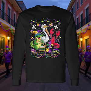 T-Shirt a Maniche Lunghe con Motivi Alligatore, Pellicano e Gambero di Fiume - Collezione ABC per Mardi Gras in Stile Louisiana, T-Shirt Promozionale - Product Image 3