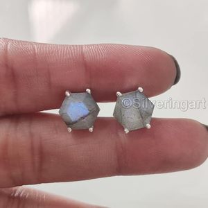 Pendientes de Botón para Mujer, Piedra Preciosa de Labradorita Natural, Piedra de Nacimiento Genuina, Joyería Hecha a Mano para Navidad, Pendientes de Botón de Plata de Ley 925 - Product Image 3