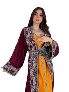 Kaftan Abaya en velours marocain pour femmes, orné de perles à la main, design uni, grande taille, léger, longueur au sol, manches longues, col haut, islamique, pour l'Aïd - Product Image 4