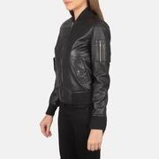 Chaqueta Bomber de Cuero Genuino Negro para Mujer, Transpirable, con Cuello Mao, Cierre de Cremallera, Estilo Universitario, Informal, para Otoño e Invierno, Prenda Exterior de Algodón - Product Image 5