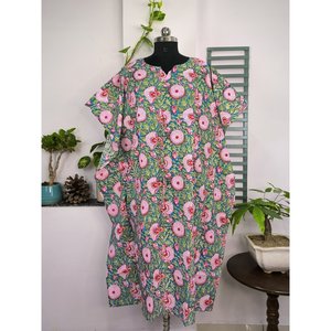 Robe Kaftan Style Bohème Indien Imprimée à la Main avec Motifs Floraux Bleu Aquamarine, en Tissu de Coton Léger et Respirant, Cache-Maillot de Bain - Product Image 3
