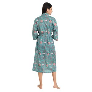 Boho-Kimono Style Lightweight Cotton <b>Housecoat</b> Indian Hand-Printed Floral Pattern Casual Summer Homewear Button Soft Woven - Product Image 4