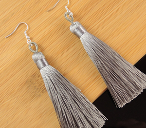 Grey Tassel Silk Polyester Fringe Bohemian Statement Dangle Fashion <b>Earrings</b> with <b>Silver</b> Fringe Tassel <b>Earrings</b> - Gold - <b>Long</b> - Product Image 1