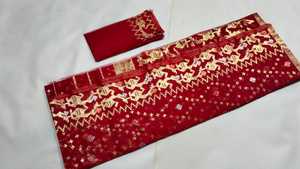 Exclusivo Deshi Dhakai rojo oscuro Jamdani Sharee calidad de exportación para mujeres JAMDANI tela verde dorado cielo azul de Bangladesh - Product Image 3