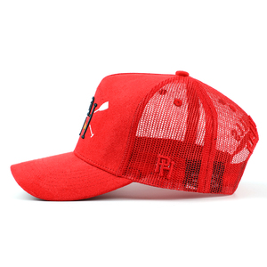หมวกแก๊ป3D นิ่มสีแดง5แผงสำหรับคนขับรถบรรทุกหมวกปักโลโก้สไตล์สตรีทตาข่ายด้านหลังแบบสปอร์ต - Product Image 5