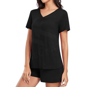 ชุดสตรีทแวร์สำหรับผู้หญิงเสื้อยืดคอวีปักลายสีพื้นโลโก้ได้ตามต้องการ - Product Image 3