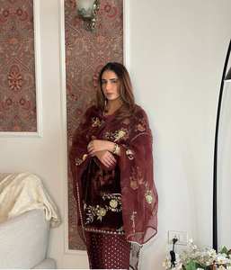 TOP PLAZZO Dupatta en velours uni teint uni avec broderie, taille naturelle, design vintage, silhouette en A, tenue de soirée - Product Image 2