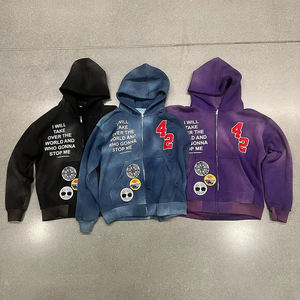 Sudaderas con Capucha y Cremallera para Hombre, 100% Algodón Tejido, Lavado Ácido, Efecto Desgastado por el Sol, con Parche de Chenilla y Pedrería Personalizada - Product Image 1