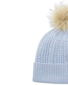 Chapeau beanie en tricot d'hiver personnalisé bleu ciel avec pompon en fausse fourrure, tricot torsadé épais et chaud en mélange de laine acrylique, fabricant personnalisé - Product Image 2